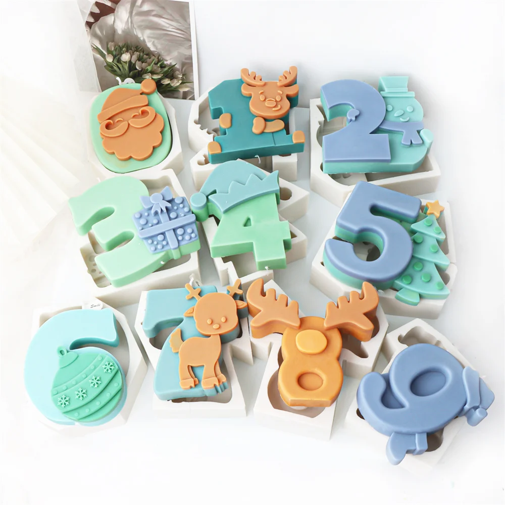 Xmas 0-9 Digital Candle Mold Silicone Letter with Snowman Tree Gift Box Elk Santa Soywax Tool DIY Handmade Decor Gift Craft