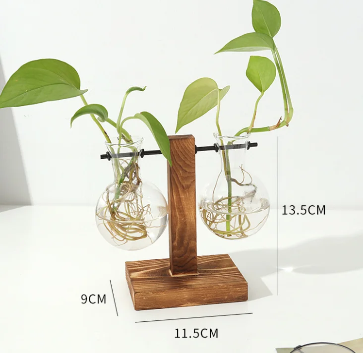 Plant Terrarium with Retro Wooden Stand, Metal Swivel Holder Hydroponics Plants Home Wedding Decor Glass Planter Bulb Vase