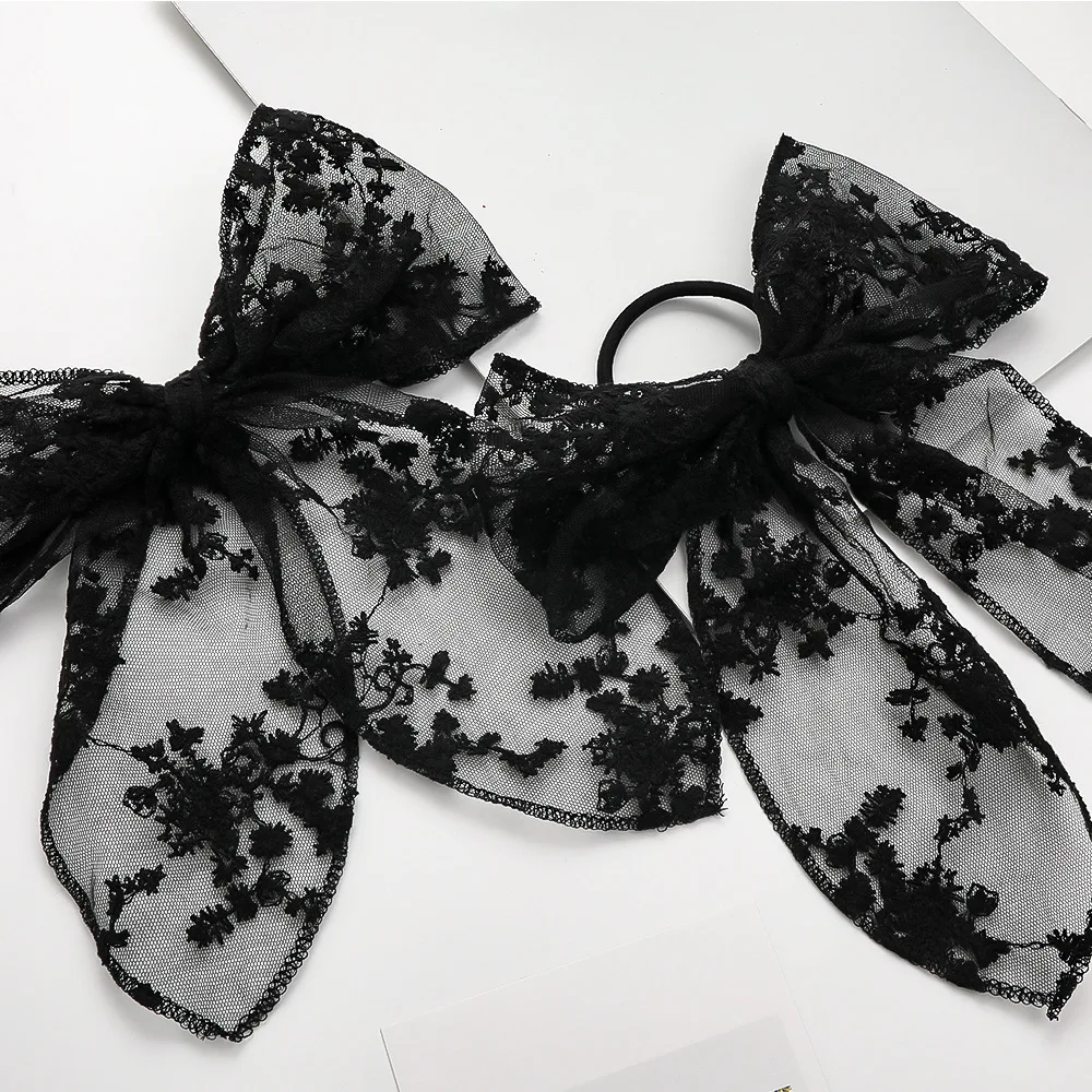 Ultra Light Lace Bow Barrette Custom White Black Color Big Bow Hair Ties Exquisite Lace Elastic Hair Band Hair Clips for Girls