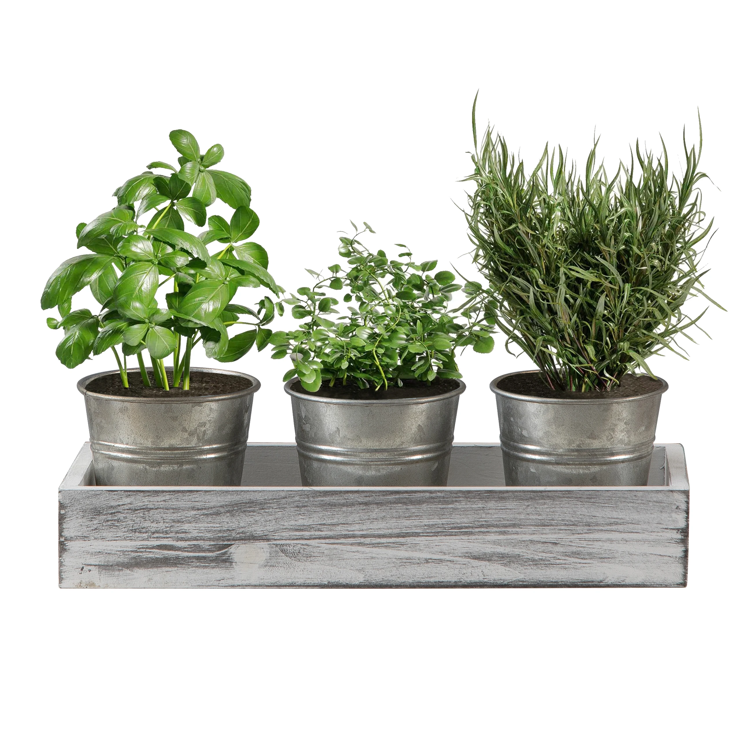 Handmade Herb Garden Planter Set Tray Metal Windowsill Plant Pots Rustic Wood Metal Galvanized Succulent Flower Planter Pot Set
