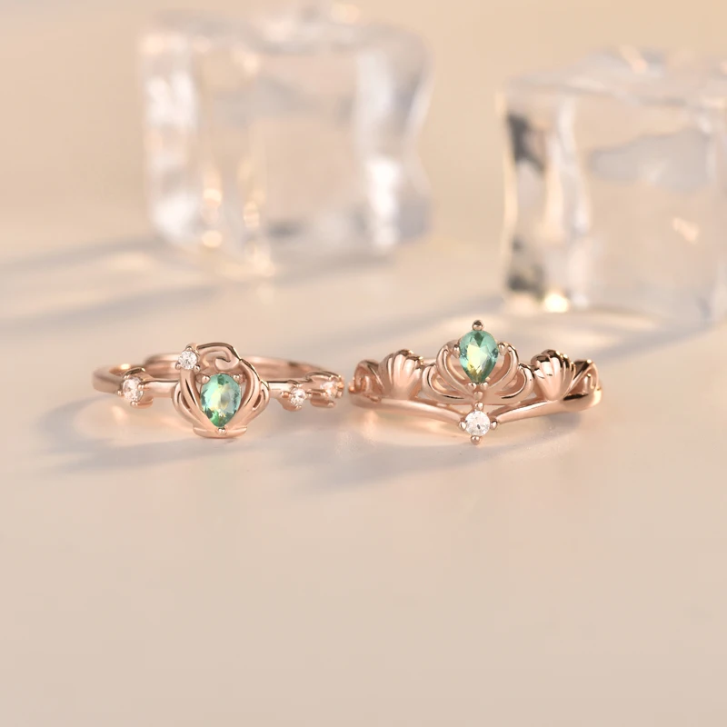 ML92+JL03 Cute cartoon 925 silver green color little mermaid sea-maid princess ring series with the same necklace jewelry set