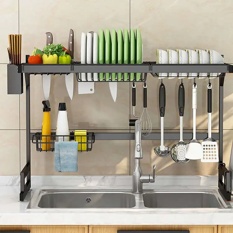  New Products Kitchen Standing Over The Sink Storage Organizer Two Tiers Iron Of Dish Drainer Drying