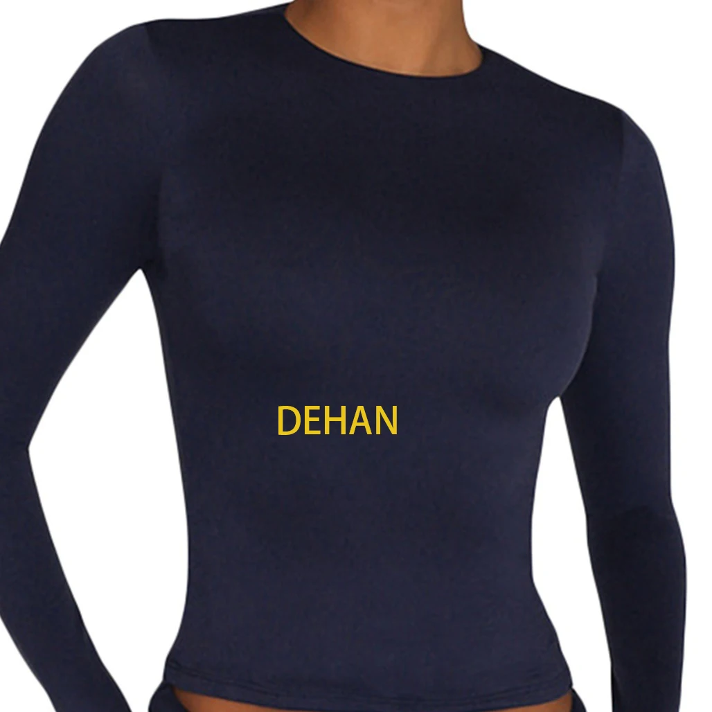 MD518 Dehan Custom Logo Summer Women Gym T Shirts Round Neck Solid Color Base Elastic White Long Sleeve T Shirts Tight Fit