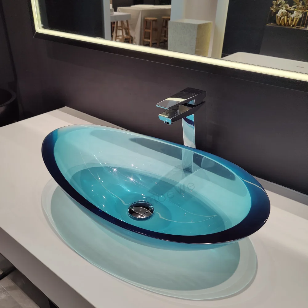 crystal transparent bathroom sinks, blue color resin basin counter top translucent clear wash basins