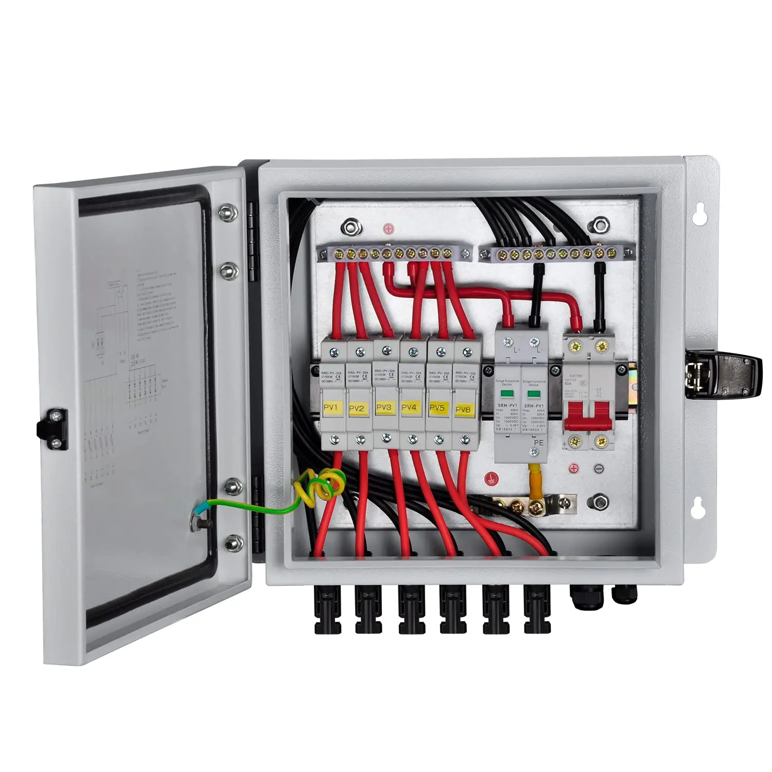 Metal 6 String Solar Combiner Box DC Solar Panel PV Junction 63A Circuit Breaker,IP65 Waterproof Fuse Lightning Indicator Lock