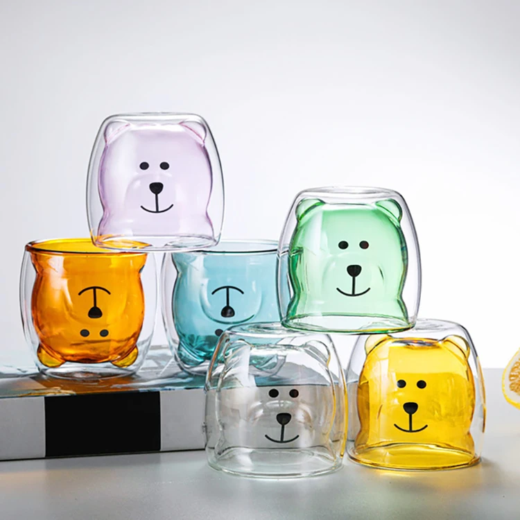 OEM Factory Wholesale Glass Mugs Double Wall Glass mug Bear cat dog animal Double layer glass mug Coffee Cup