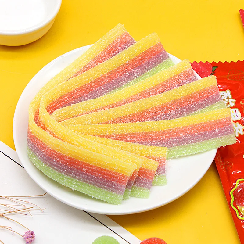 Creative Children Snack Food Fruit Sweets Gummy Candy Individual Package Delicious Colorful Sour Strip Rainbow Belts