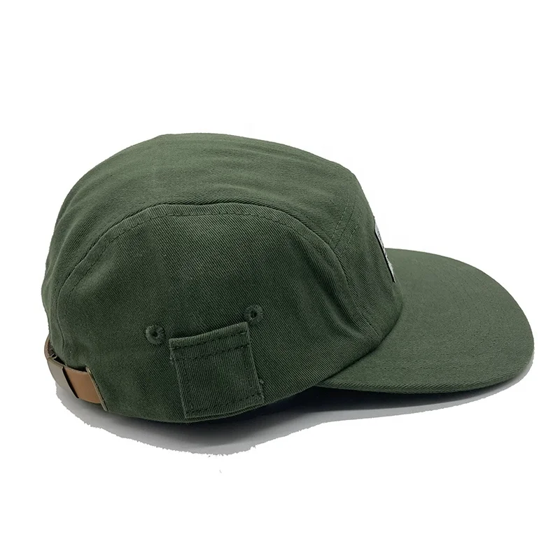 Wholesale Custom High Quality Unstructured 5 Panel Cotton Camp Cap Flat Brim With Adjustable Leather Strap Hats Caps