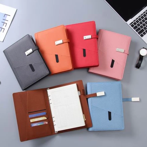 Hotselling A5 brown leather charging notebook with 8000 mah powerbank and 16G USB flash drive