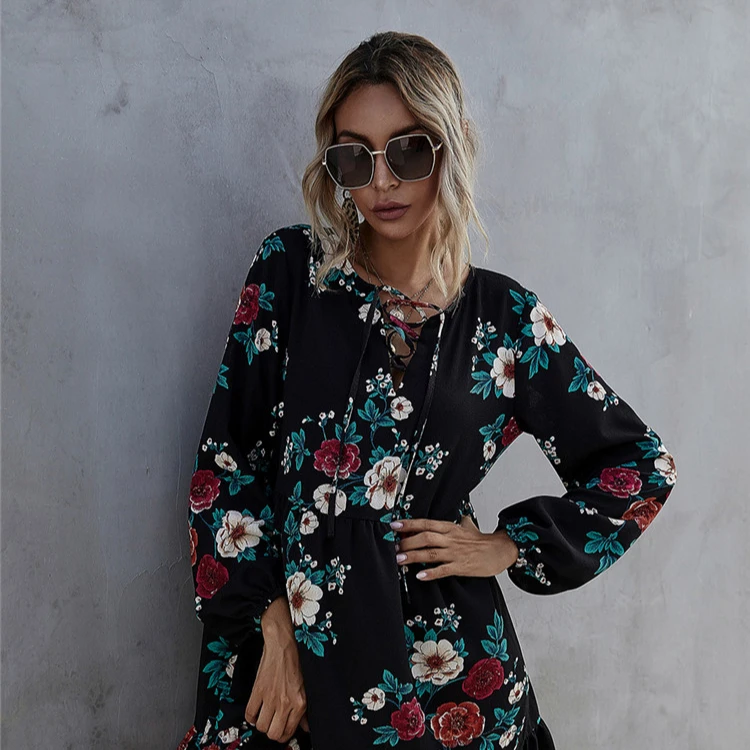 
Long sleeve dresses for women autumn and winter dress with puff sleeves and printed ruffles with neckline 