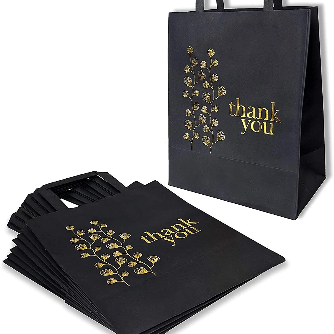 Thank You Bags Bulk with Flat Handles Pack of 50 Black Kraft Paper Bags with Gold Stamp