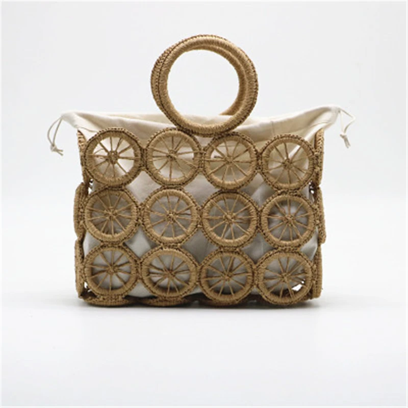 
Handmade vintage grass weave criss-cross wheel women summer beach hollow out tote bag 