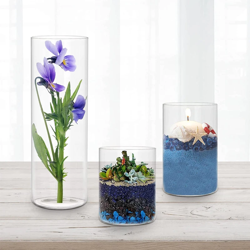 Ручная выдувная круглая прозрачная стеклянная цилиндрическая ваза для растений и цветов