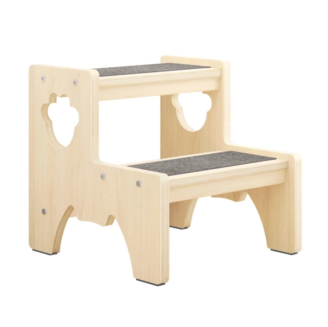 Natural Wood 2 Tier Anti-Slip Kitchen Helper Ladder Chair Toddler Bathroom Step Stool