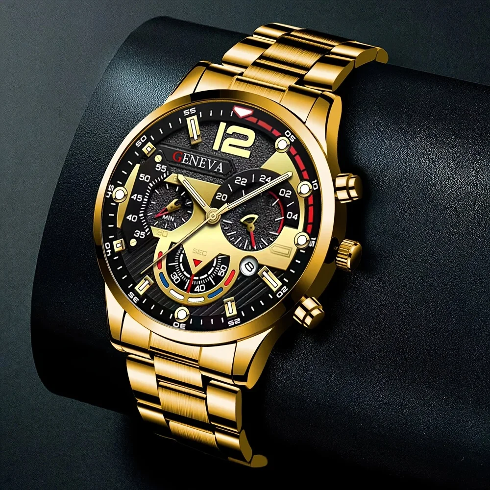 NW1501 Fashion Mens Business Stainless Steel Calendar Watches & Silvery Bracelet Cross Pendant Necklace