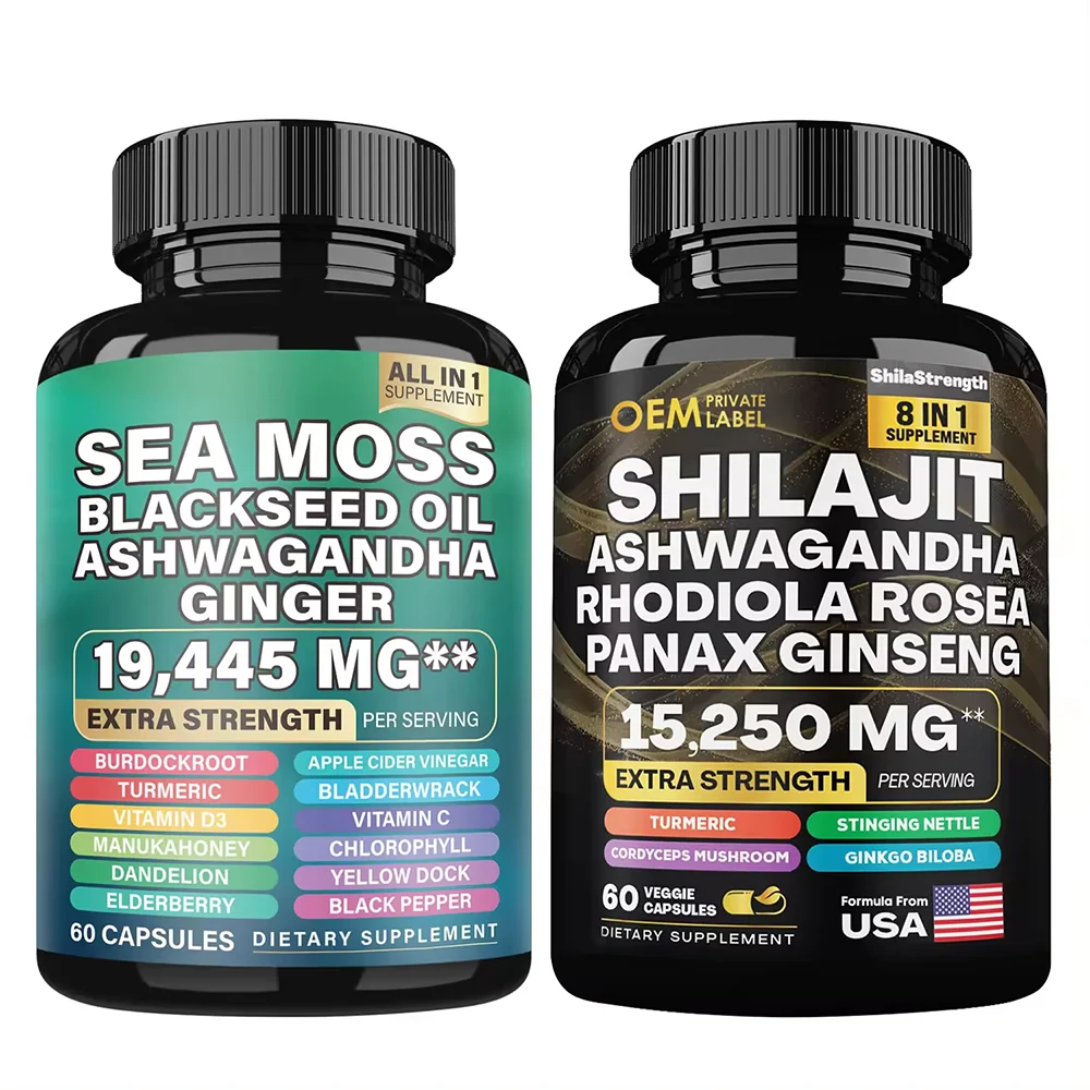 OEM Natural Supplement Sea Moss Shilajit Capsules With Black Seed Oil Ashwagandha Turmeric Bladderwrack Burdock Ginger