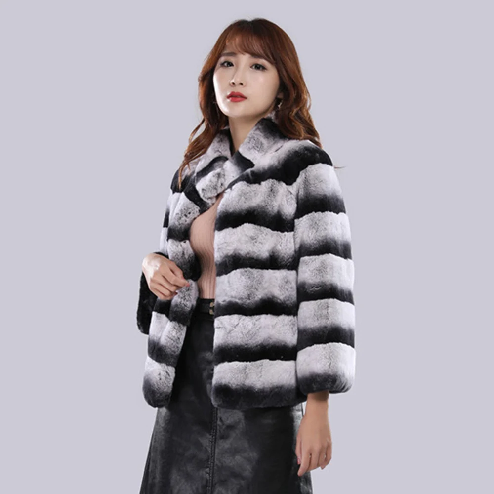 High Quality Winter Hand Made Warm Fuzzy Luxury Chinchilla Real Rabbit Fur Coat Women