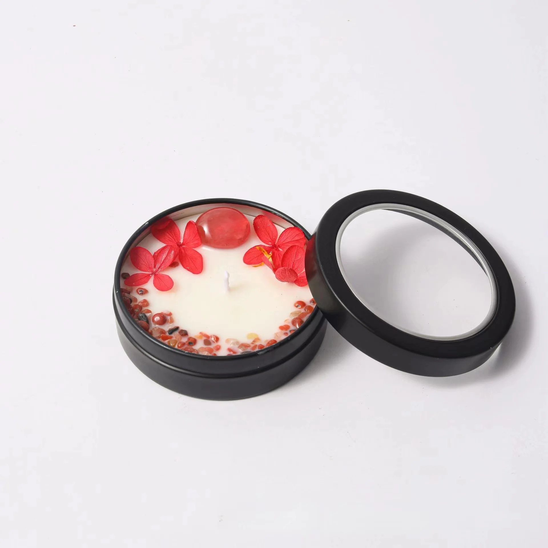 Low Price Different Colors Dried Flower Votive Wood Wick Personalized See-through  Lid Jar Natural Stone Soy Scented Candle