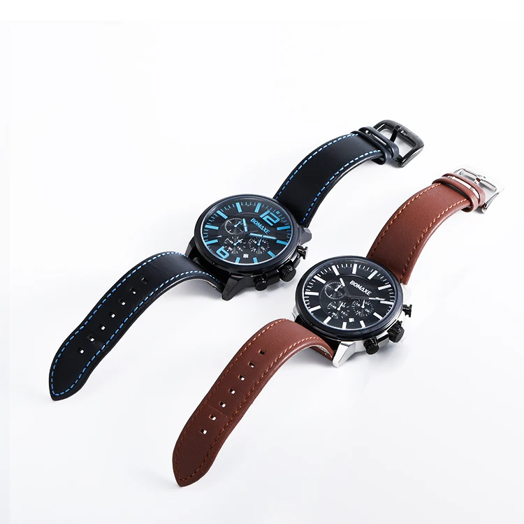 Japan Movement Luminous Three eyes Sapphire Glass 5ATM Water Resistant Genuine Leather Strap Black Men Wrist