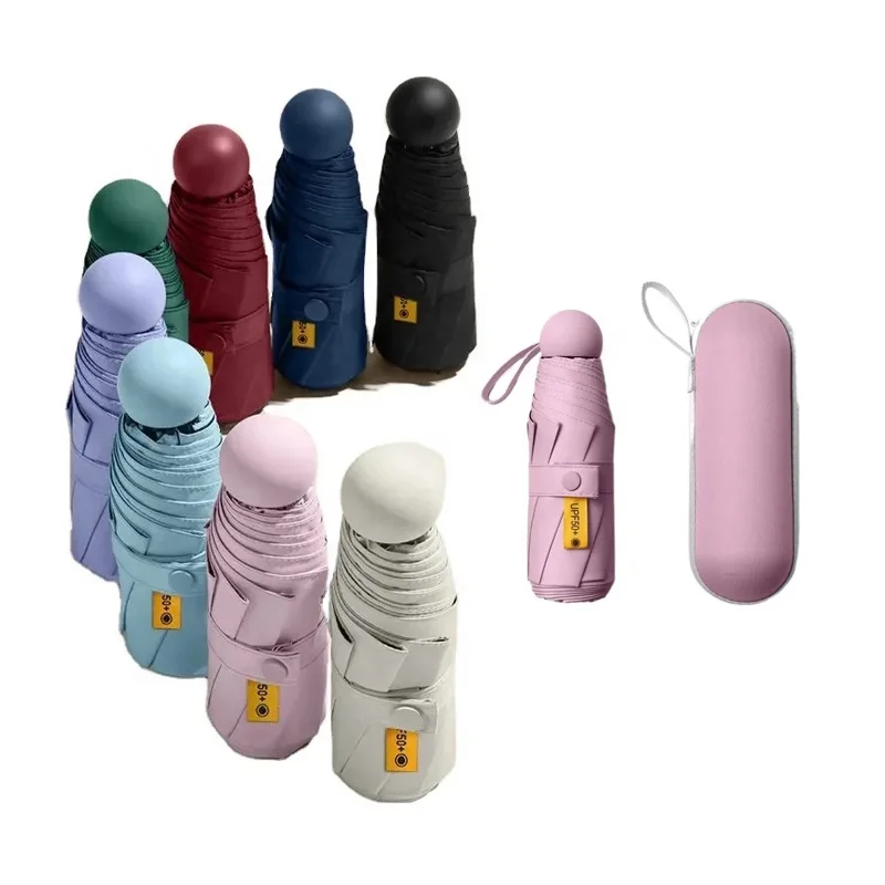 Portable Mini Five Folded Umbrella Capsule Manual Compact Custom Logo UV Protection Sun Rain Pocket Folding Umbrella With Case