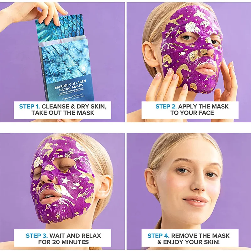 Private Label Facial Masks with Marine Collagen Hyaluronic Acid Sheet Moisturizing Masks for Face All Skin Types