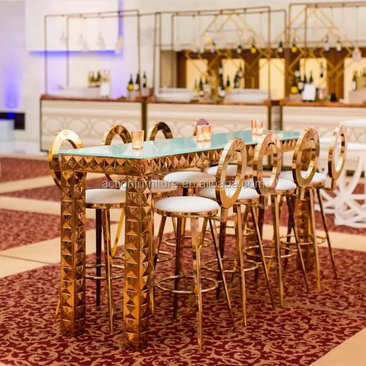 Antique Metal Restaurant Bar Reception Table Counter Table Stainless Steel With Mirror Glass Top Wedding Bar Table And Chairs