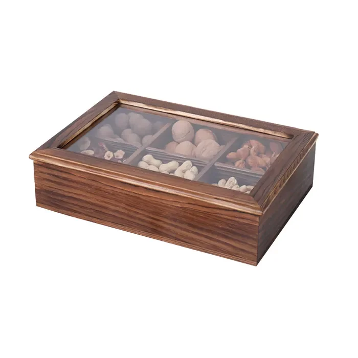 Handmade Rustic Solid Pine Wood 6 Compartments Gift Packaging Nuts Dry Fruits Box with Clear Lid