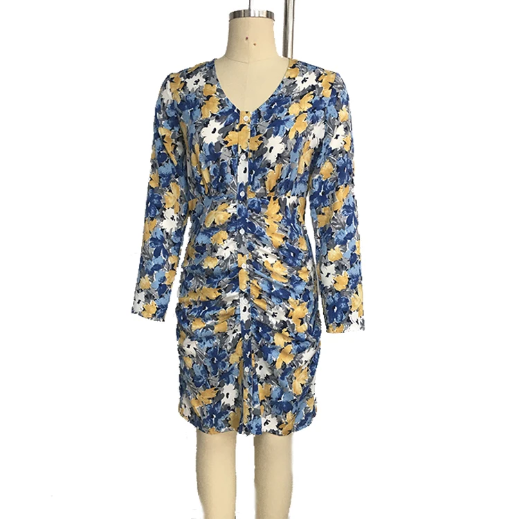 
Yunnes High Quality V Neck Button Down Ruched Skirt Floral Print Mini Dress Wholesale Fashion Women Clothes 