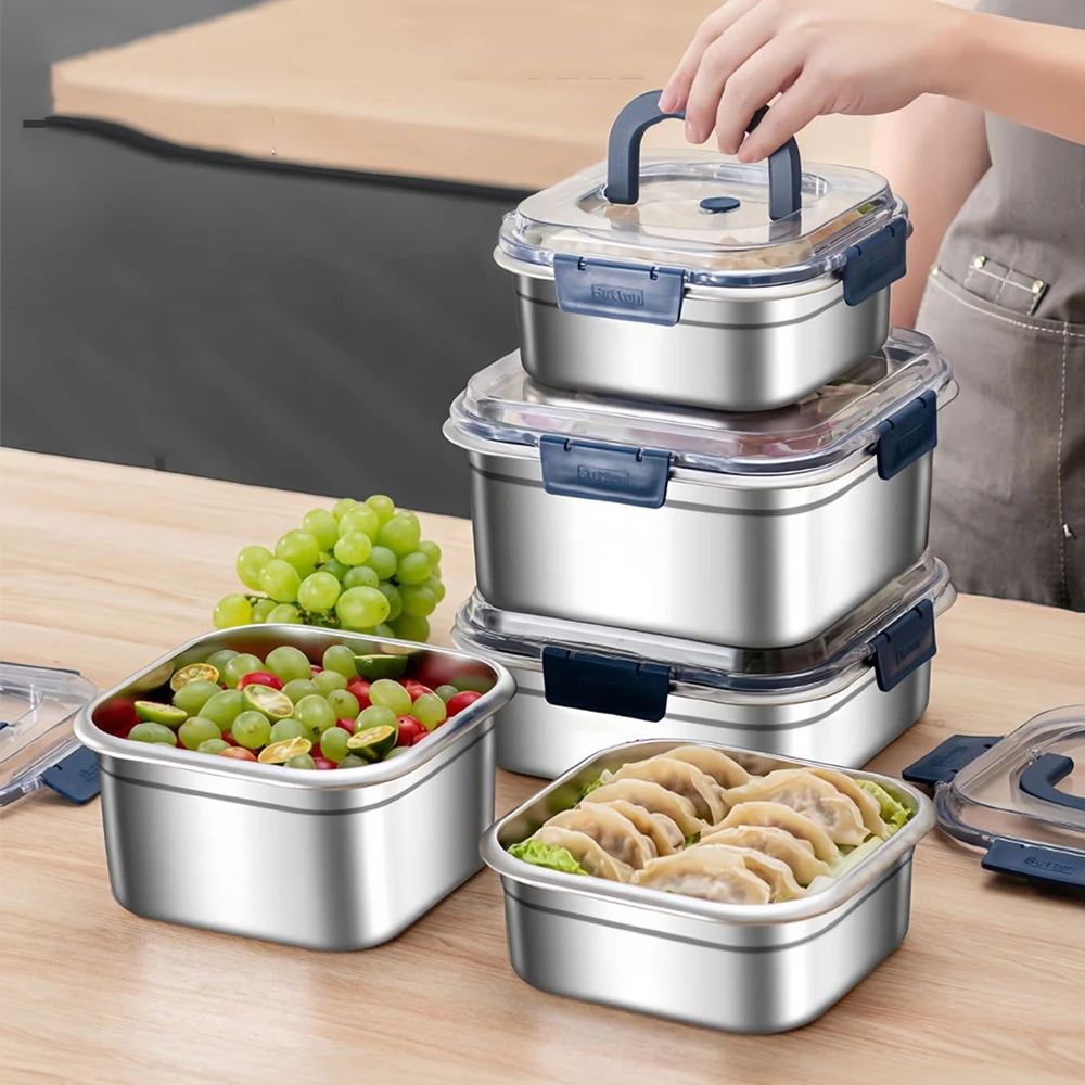 Microwave Safe Stainless Steel Bento Box Leak-Proof Square Tiffin Lunch Box School Newborns Metal Lunch Box Kids with Handle