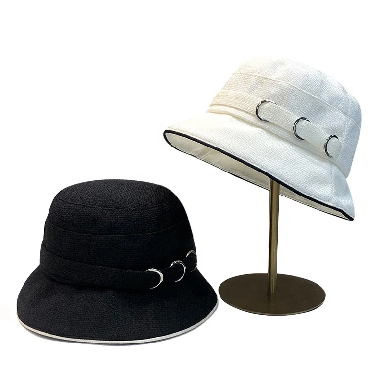 Wholesale Floppy Beach Travel Sun Hat Wide Brim Foldable Packable Women Fashon Designer Black White Bucket Hat With Metal Rings