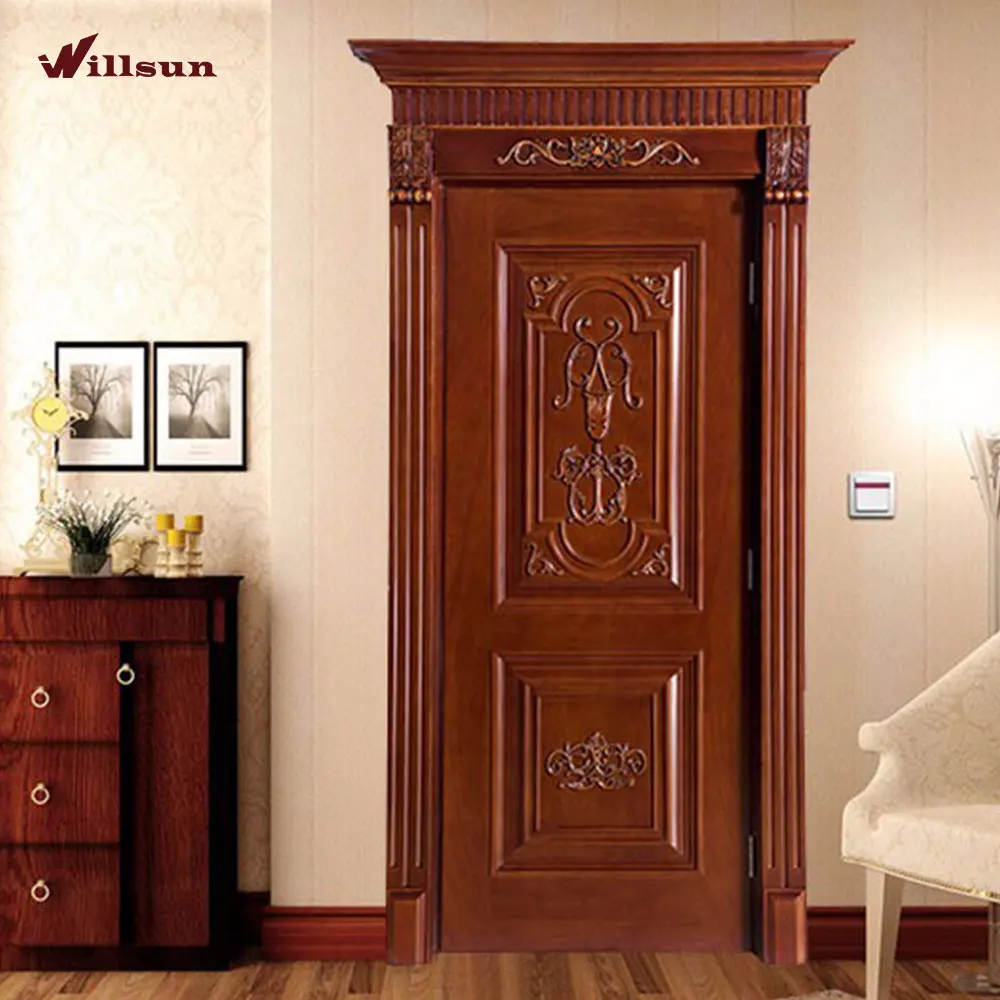 Crafts beautiful flower carved raised panel antique indonesian solid wood doors