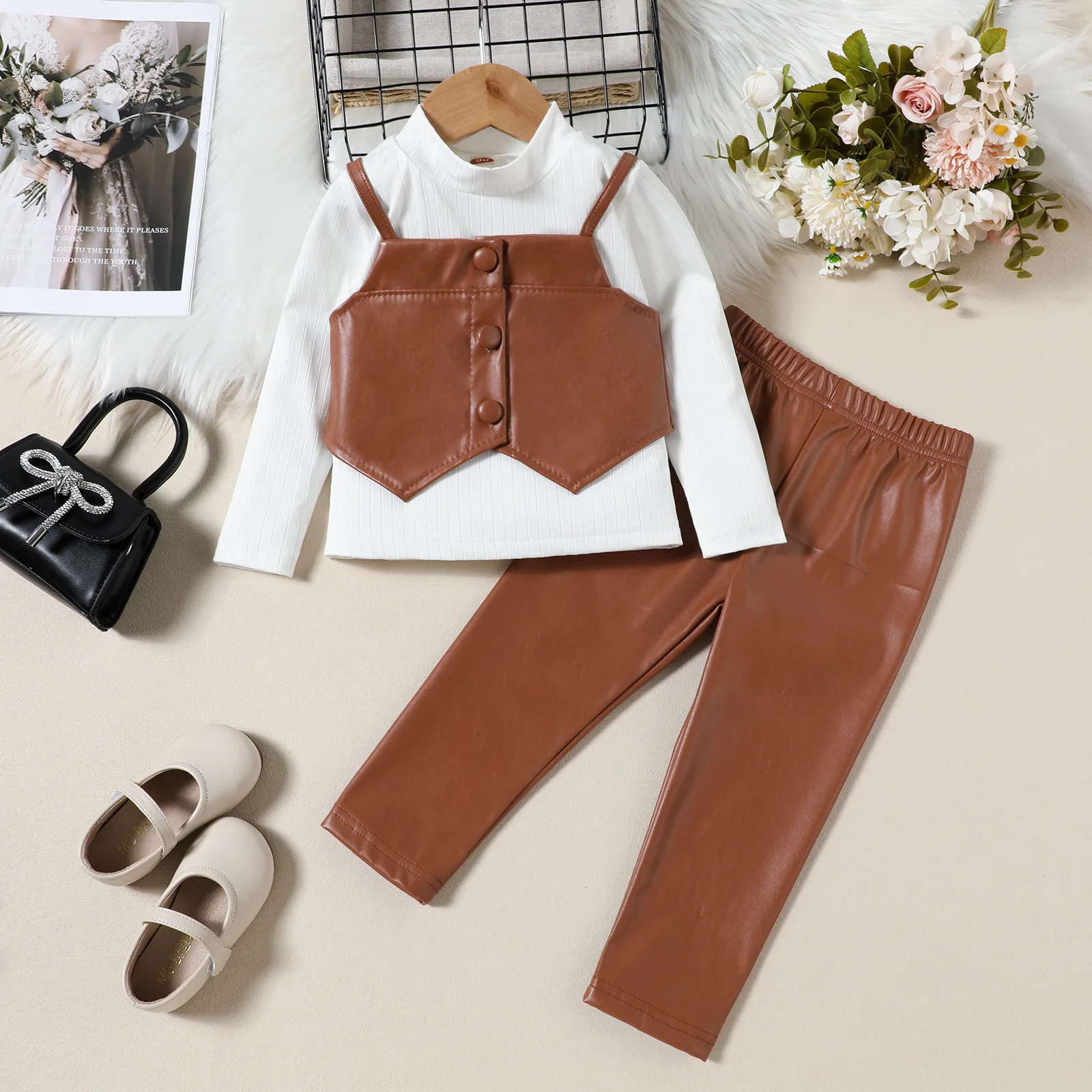 Fall New Slim PU Leather Pants Girl Clothes White Shirt PU Small Vest Kids Clothing 3-Piece Leisure Clothing Sets