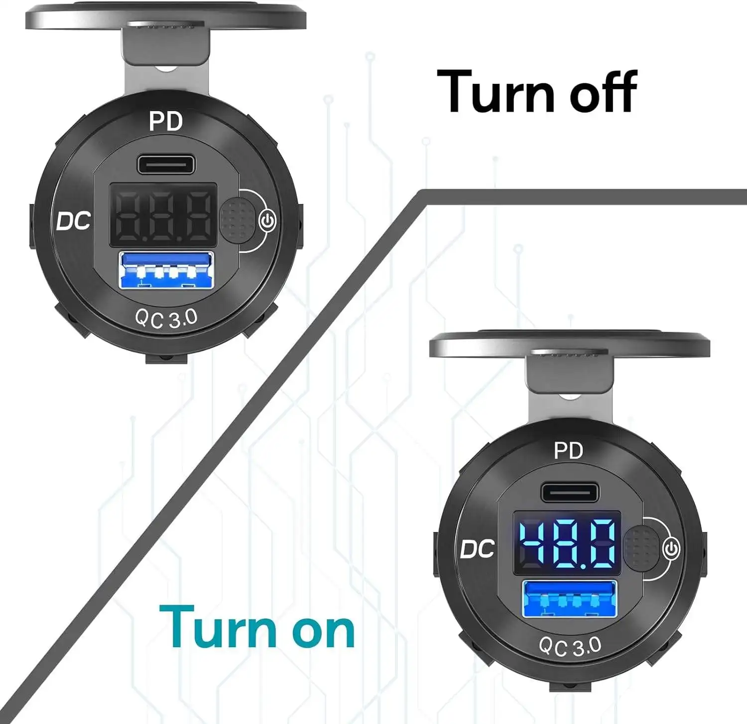PD 30W USB C QC 36W Car USB Port Waterproof with Button Switch USB Car Charger Socket