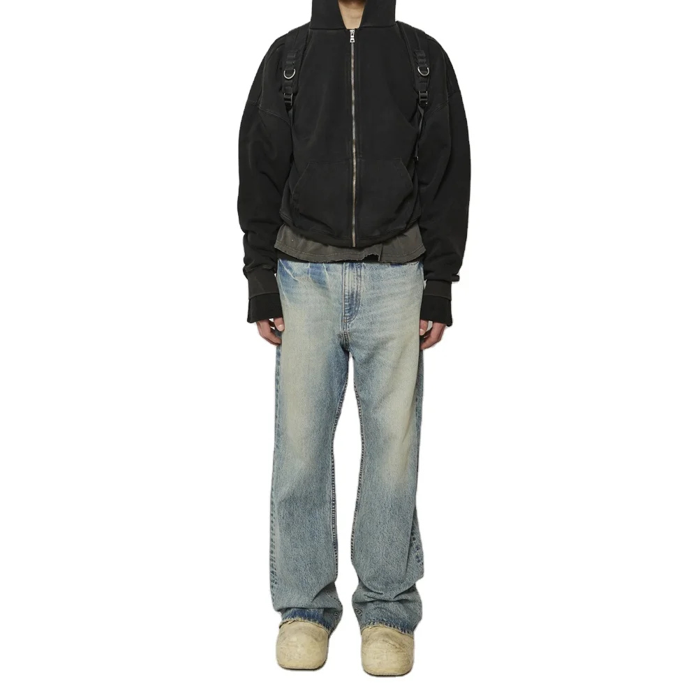 Custom Mens Vintage Indigo Stone Enzyme Wash Distressed Pockets Hem Denim Jeans Vintage Bootcut Jean