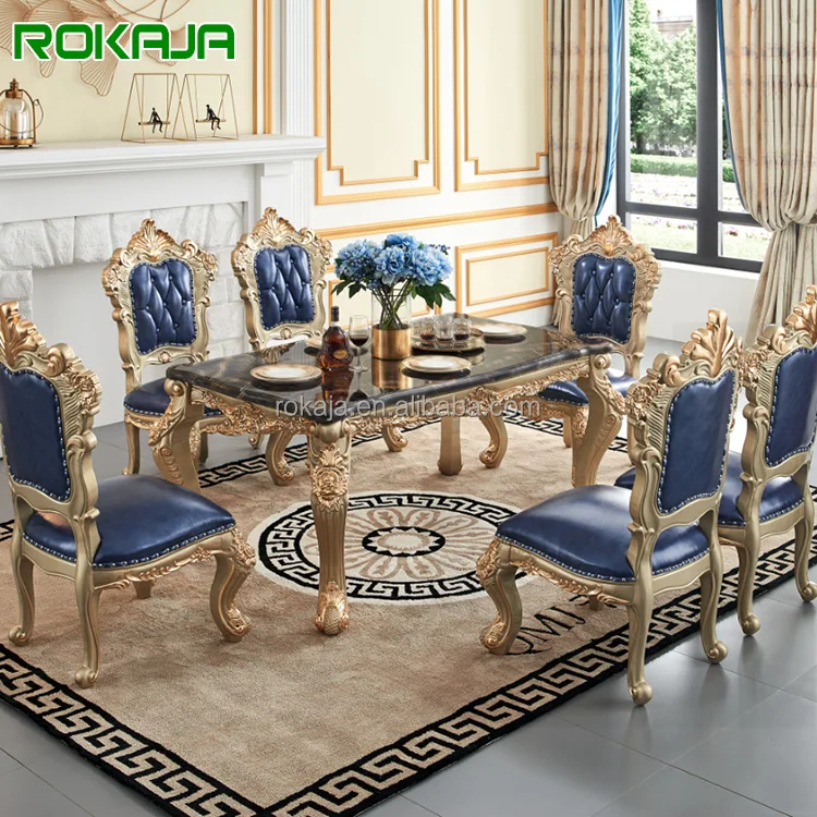 European Marble Rectangular Dining Table And Chairs Set Gold High-Grade Double Sided Carved Leather Dining Chairs Set