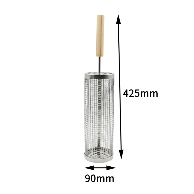 2 piece Barbecue Cylinder Round Mesh Stainless Steel BBQ net Tube Grill Rolling Grilling Basket with wood handle