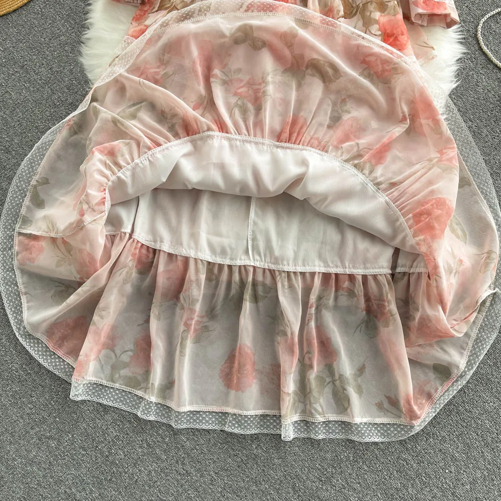 Wholesale Elegant Casual Dresses Pleated Peplum Lace Printing Princess Dress Puff Sleeve Birthday Party Floral Womens Dresses