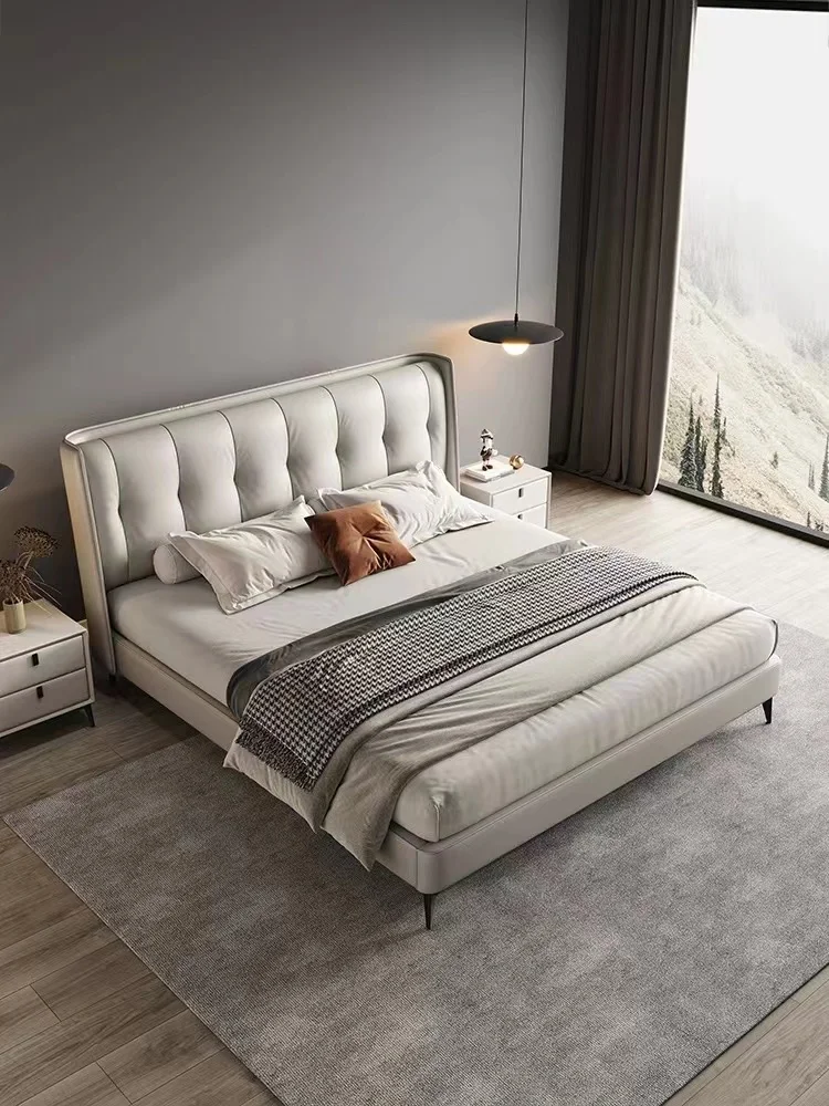 Leather  bed luxury modern simple master bedroom big Italian style minimalist double storage solid wood bed