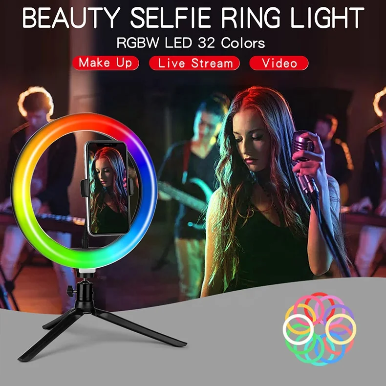 RGB кольцевая Светодиодная лампа для селфи с регулируемой яркостью цветная дистанционным