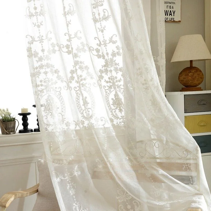 Classical Floral White Color Roman Curtains For Window Embroidery Tulle Sheer  Curtain