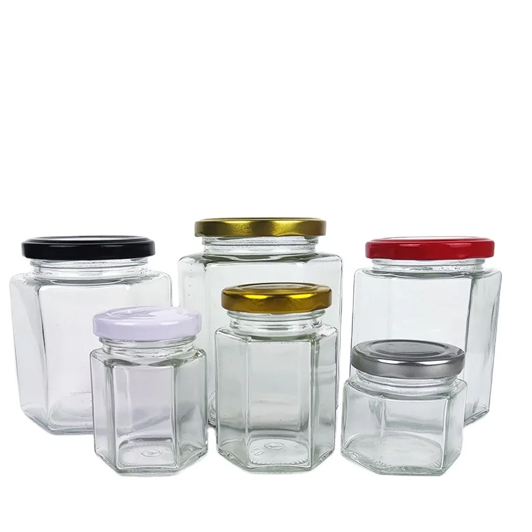 wholesale 1.5 oz Hexagonal Mini Glass Jar for honey  jam jar food jar with Metal Lids