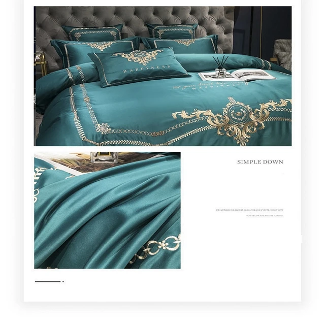 EUROPEAN STYLE LUXURY EDGE GREEN SILK COTTON  EMBROIDERED BEDDING SETS QUILT COVER