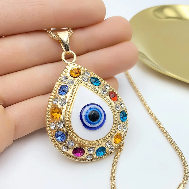 Alloy Fatima hand Necklace Turkish blue eye diamond jewelry sweater chain pendant necklace