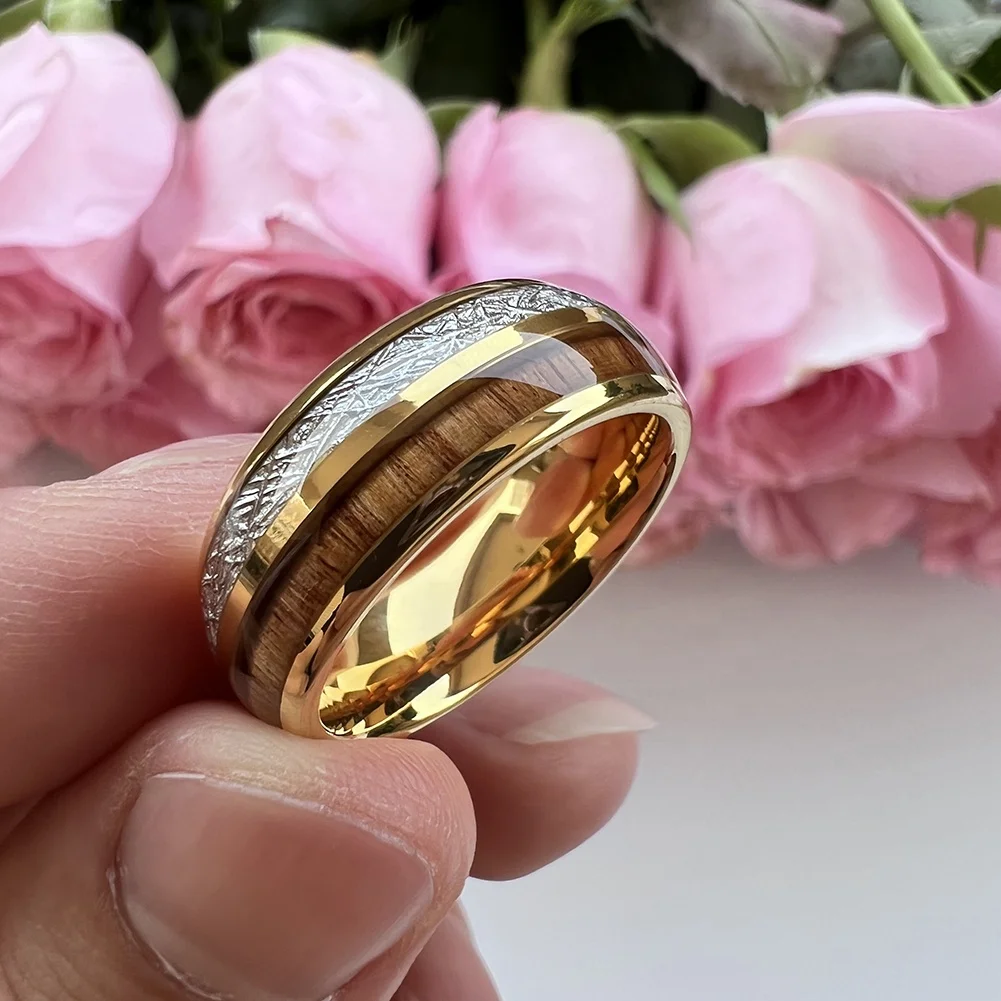Coolstyle Jewelry 8mm Wholesale Koa Wood Meteorite Inlay Rose Gold Tungsten Ring for Men Women Fashion Engagement Wedding Band