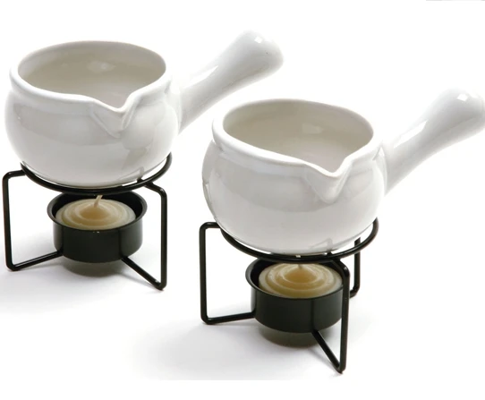 Ceramic Long Handle Cheese Chocolate Fondue Roast Butter Warmer with Steel Base