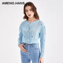 Natural style embroidery cardigans wholesale women knitted cotton cardigans