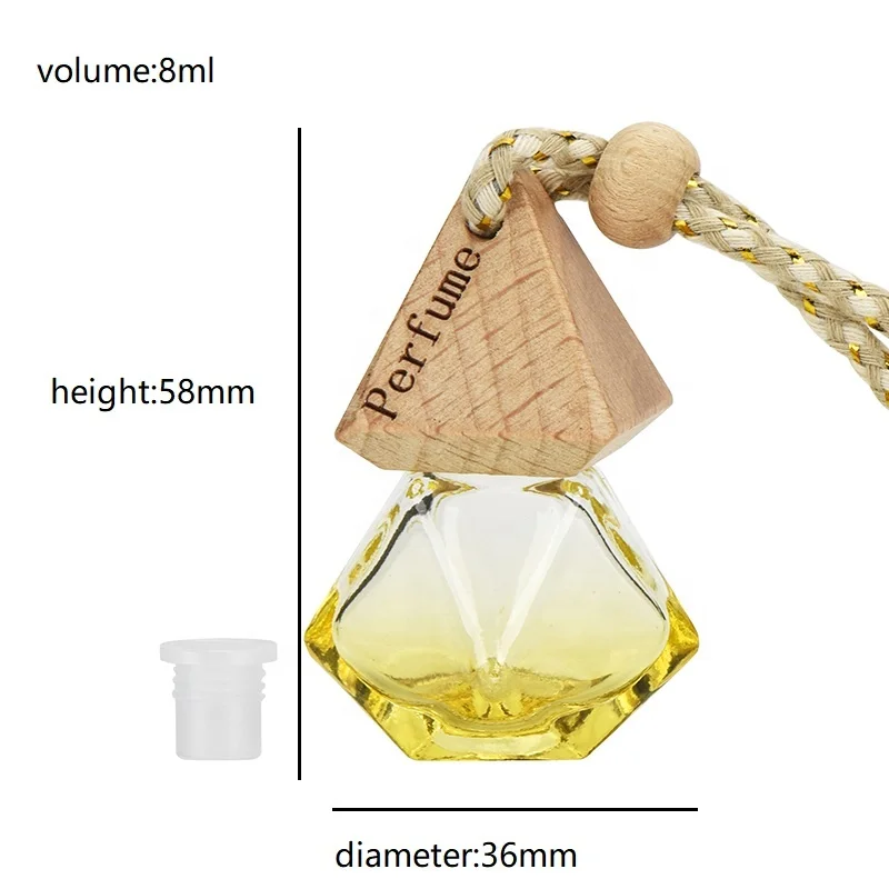 Customized Logo fragrance bottle unique design 8ml air freshener bottle hanging car perfume bottle with wooden cap