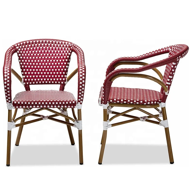 Outdoor Bistro Outside Restaurant Furniture Modern Patio French Bistro Aluminum Garden Bamboo Look Wicker Rattan Dining Chair