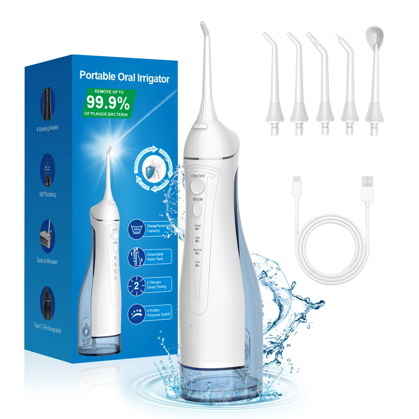 2024 NEW Wholesale Customized Oral Water Irrigator Home Use Type-C 300ml Portable Rechargeable Water Flosser 5 Working Modes