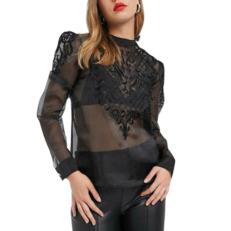 Женские шифоновые рубашки с цветочной вышивкой и длинным рукавом